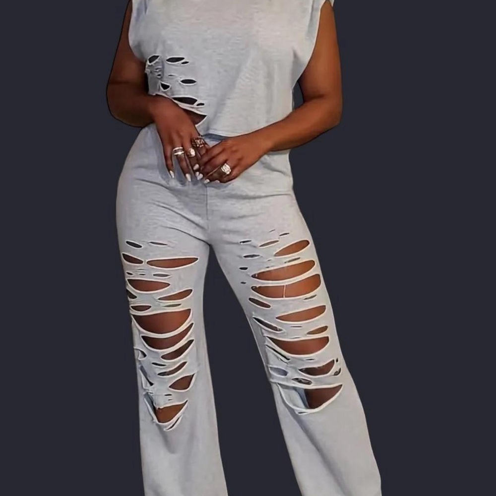 Light Gray Distressed Wide Leg Pants Set